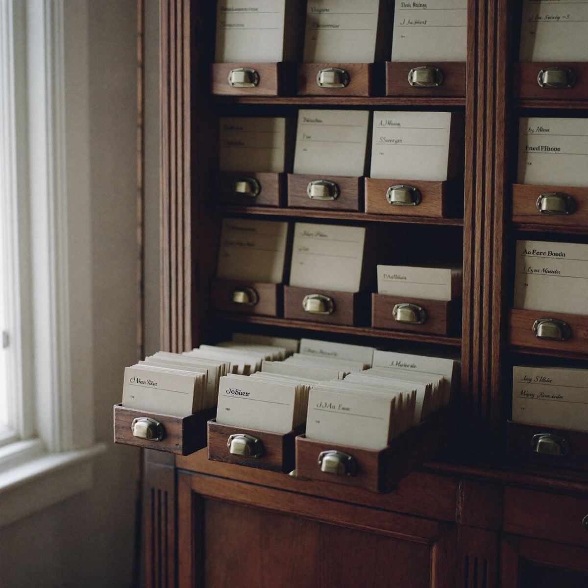 Een houten archiefkast met laatjes vol geordende kaarten